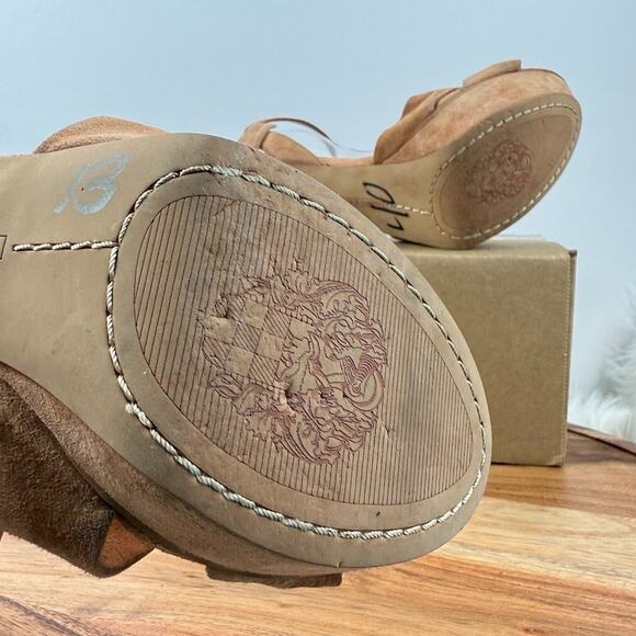 Vince Camuto Tan Suede Platform 8.5M Stiletto Heels Knotted Ankle Strap Sandals - Picture 14 of 16